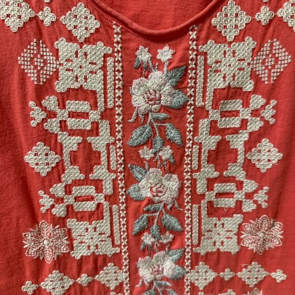 JOHNNY WAS Coral Pink White Floral Embroidered Boho Short Sleeve Tunic Top - Picture 2 of 5